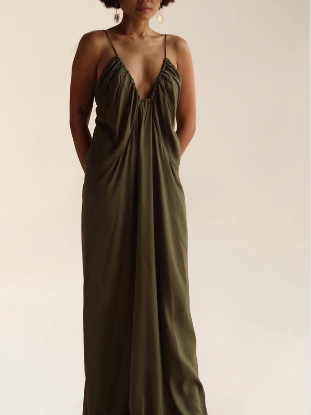 Fara Boutique Zoe Olive Green Spaghetti Strap Maxi Dress